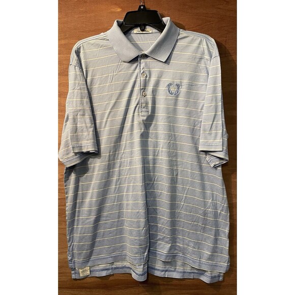 Peter Millar Polo Shirt Men’s Size Large Blue Yellow Striped Elk River Logo - Picture 1 of 3